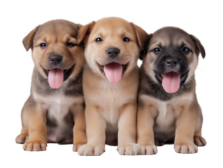 Three puppies isolated, group of puppies, little pet puppy, young puppy close-up, happy smiling pet dog, adorable puppy portrait, isolated on a transparent background, professional pet photography