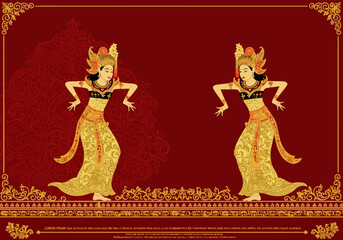 Two Balinese Dancers in Traditional Dress on Ornate Red Background.