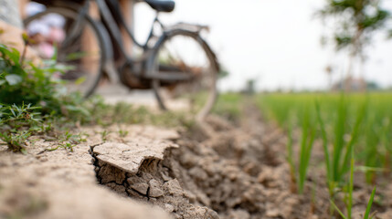 Cracked dry soil edges surround bicycle near farmland, showcasing impact of drought on agriculture. scene reflects rural landscape with green rice plants in background