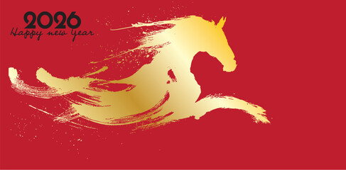 Golden horse illustration for 2026 chinese new year celebration on red background symbolizing strength and prosperity
