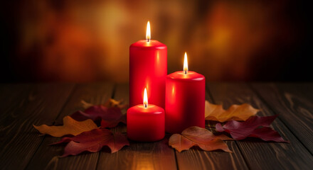 Flickering red candles are surrounded by vibrant autumn leaves on a rustic wooden table, creating a cozy ambiance, camera gradually zooms in to capture the warmth