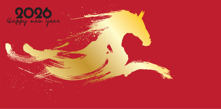 Golden horse illustration for 2026 chinese new year celebration on red background symbolizing strength and prosperity - Powered by Adobe