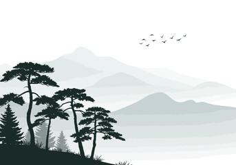 Serene Mountain Landscape with Silhouette Trees and Birds in Flight.