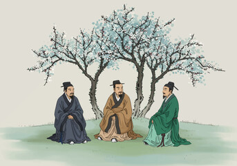 Three Chinese Scholars Under Blossoming Trees Illustration.