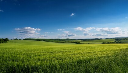 A Serene Summer Landscape With A Vast Green Field Under A Clear Blue Sky