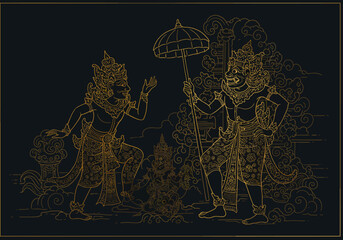 Golden Balinese Figures with Umbrella and Ornate Details on Black Background.
