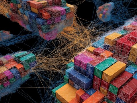 A colorful digital representation of interconnected shipping containers, showcasing a futuristic network of logistics and supply chains. - Powered by Adobe