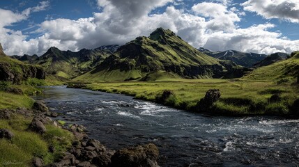 Scenic landscape of mountains and river under cloudy sky daytime