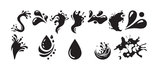 Black water drops vector illustration. black water splashes in various shapes, isolated on a white background, perfect for adding a splash. eps 10