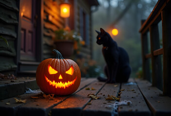 Spooky Black Cat and Glowing Jack-o'-Lantern on a Misty Porch
