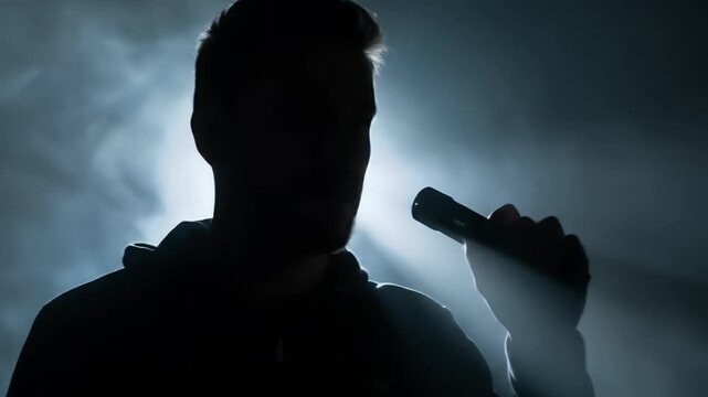 Silhouette of a Man Holding a Flashlight Against Bright Light and Smoke