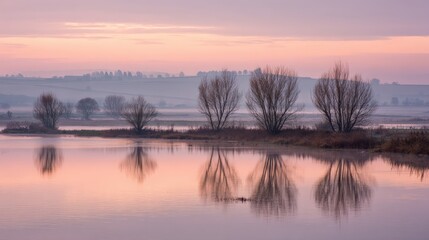 Obraz premium Serene dawn landscape with tranquil water reflection and misty trees