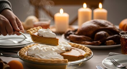 Hand serving steaming pumpkin pie with whipped cream at a holiday dinner table with roasted turkey and lit candles