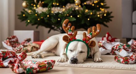 White dog wearing reindeer antlers headband asleep on rug with holiday gifts near Christmas tree at home