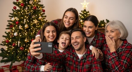 Happy multi-generational family in matching pajamas taking selfie by Christmas tree during holiday season