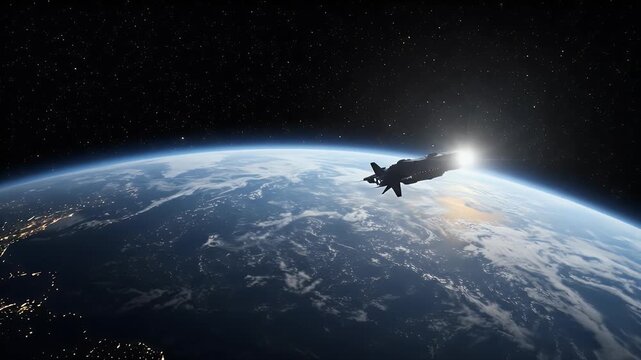 Realistic 3d SciFi Spaceship Over Earth At Sunrise With Stars