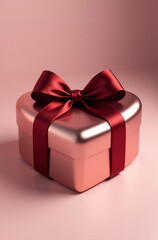 Obraz premium A heart-shaped box wrapped in shiny foil and tied with a bright satin bow.