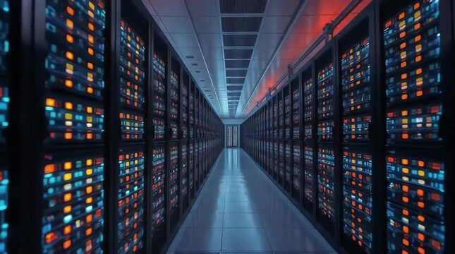 A long hallway with rows of servers glowing with blue and orange lights.