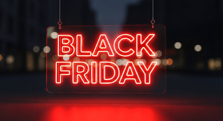 Vibrant neon sign displaying Black Friday sale, glowing brightly against blurred urban street scene, creating an energetic holiday shopping and special discounts