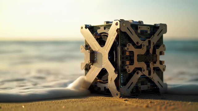 Complex metal cube rests on sand, ocean background, intricate design, circuits, mechanical parts