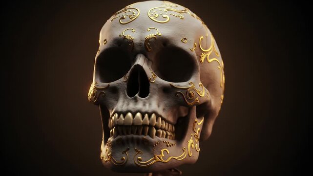 Realistic 3d skull with gold ornate patterns warm lighting