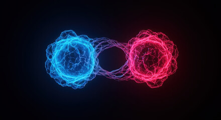 Captivating abstract visualization of two vibrant energy fields, one blue and one red, intertwined on a dark background, representing scientific interaction and cosmic duality principles