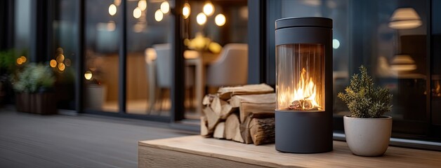 Modern outdoor fireplace adds warmth and ambiance to contemporary home patio during evening gathering