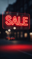 Neon sale sign glowing brightly in urban setting, attracting attention with vibrant red color, symbolizing excitement and urgency during Black Friday shopping season