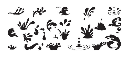 Black water droplet splash sequence illustration, ripple effect silhouettes.  shapes on white background vector illustration set. eps 10