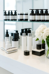 Minimalist Display of Luxury Beauty Products in Bright Salon Interior.