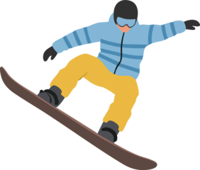 Flat Simple Vector Illustration of a Snowboarder Jumping in Blue Striped Jacket
