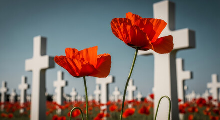 Vibrant red poppies sway gently in a serene field of white crosses, capturing the essence of remembrance and peace, camera pans across the scene