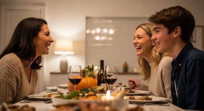 Three people laughing, sharing festive dinner at dining table in warm home during evening autumn celebration