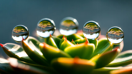Macro photograph of five translucent droplets aligned horizontally on succulent