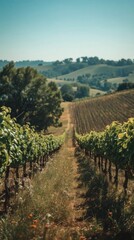 Naklejka premium A Serene Vineyard Landscape Under a Clear Blue Sky Showcasing Rolling Hills and Lush Greenery in the Countryside