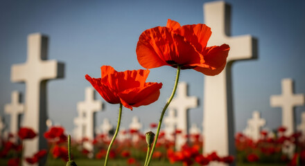 Vibrant red poppies sway gently in a serene field of white crosses, capturing the essence of remembrance and peace, camera pans across the scene