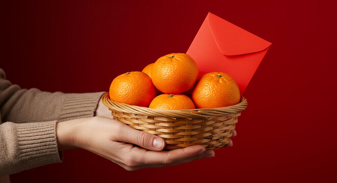 Mandarin orange basket with red envelope for Lunar New Year celebration gift
