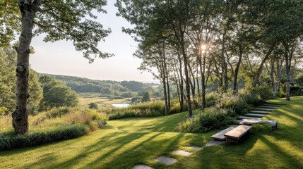 Scenic landscape view of a park with trees benches and sunlight