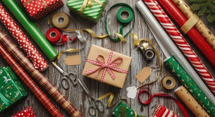 Christmas gift wrapping supplies with festive ribbons and paper on old wooden table for holiday season