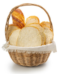 Assorted bread in a wicker basket isolated on white background with clipping path. Freshly baked loaves and sliced bread arranged beautifully for bakery or breakfast concept,PNG file.