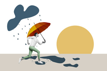 Composite photo collage of happy girl run puddle hold umbrella autumn season raindrop cyclone cloud...