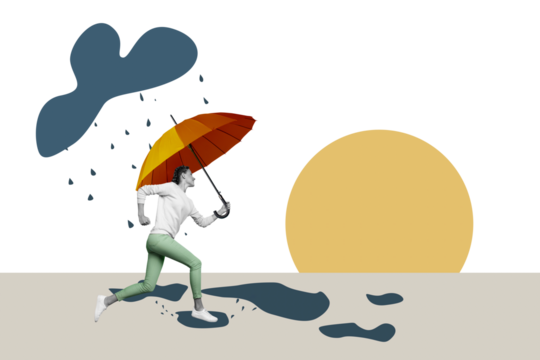 Composite photo collage of happy girl run puddle hold umbrella autumn season raindrop cyclone cloud isolated on painted background