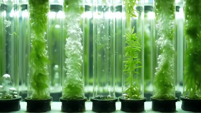 Algae and plants grow in glass tubes with air bubbles, illuminated from behind