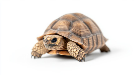 Obraz premium Sulcata tortoise walking gracefully on smooth white background, showcasing its unique shell patterns and textures. This captures beauty and charm of this fascinating reptile