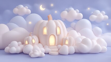 Whimsical Pumpkin House Surrounded by Soft Clouds and Stars