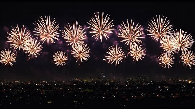 Spectacular Fireworks Display Over Cityscape at Night Realistic Video