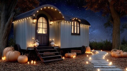 Cozy Vintage Caravan Surrounded by Pumpkins at Night with Lights