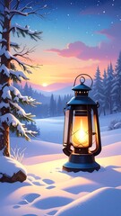 Snowy landscape with lantern