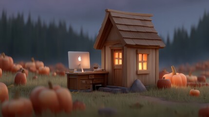 Cozy Wooden Cabin with Computer in Pumpkin Field at Dusk