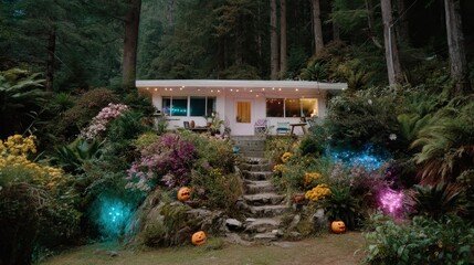 Cozy Cabin Surrounded by Colorful Flowers and Autumn Decorations